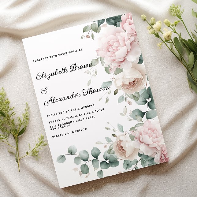 Invitación Elegante boda floral de menta rosa eucalipto peony (Elegant pink mint eucalyptus peony floral Wedding)