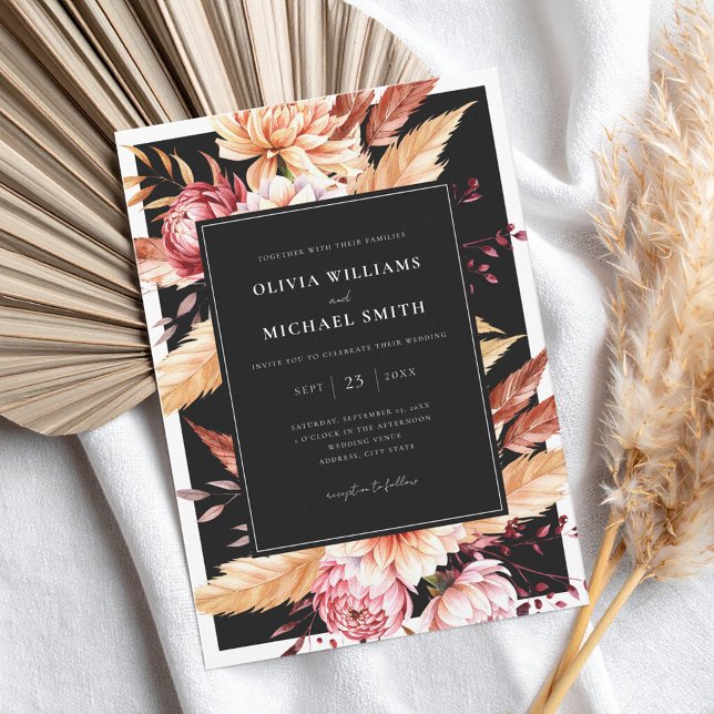 Invitación Elegante Boda floral de Moda de Boho negro (Subido por el creador)
