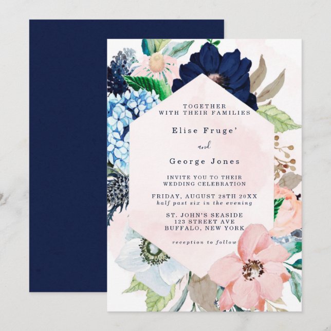 Invitación Elegante Boda floral de Moda rosa de la Marina Rub (Anverso / Reverso)