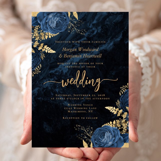 Invitación Elegante Boda floral de oro azul de la marina (Subido por el creador)
