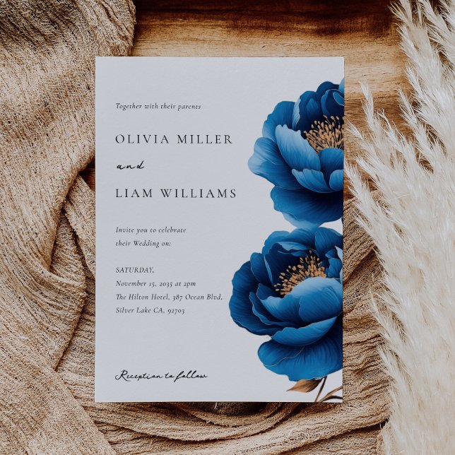 Invitación Elegante Boda floral de oro azul de la marina (Subido por el creador)