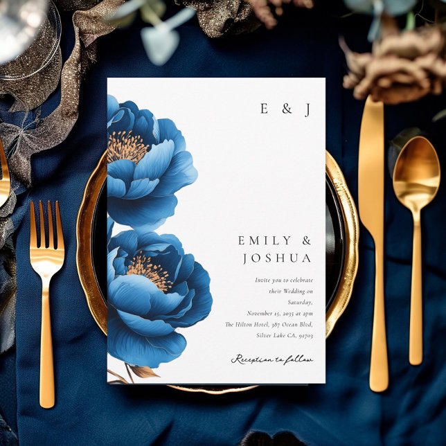 Invitación Elegante Boda floral de oro azul de la marina (Subido por el creador)