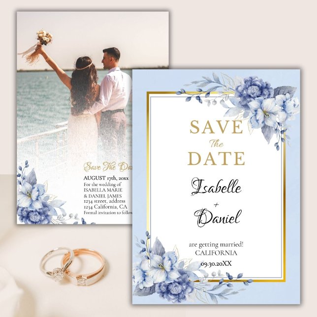 Invitación Elegante Boda floral de oro azul salva la fecha (Subido por el creador)