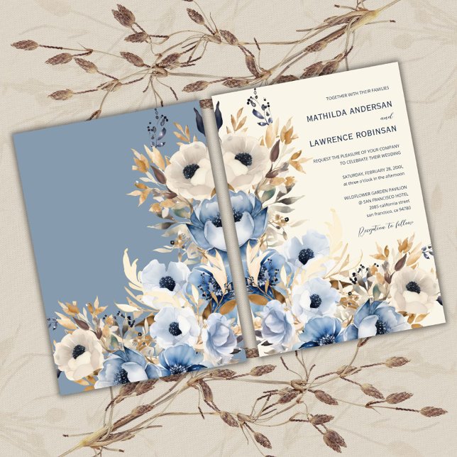 Invitación Elegante Boda floral de oro azul turquesa (Elegant Gold Dusty Blue Floral Winter Wedding Invitation)