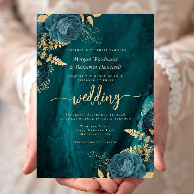 Invitación Elegante Boda floral de oro azul Verde azulado (Subido por el creador)