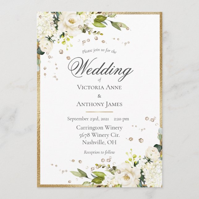 Invitación Elegante Boda Floral de oro blanco (Anverso)