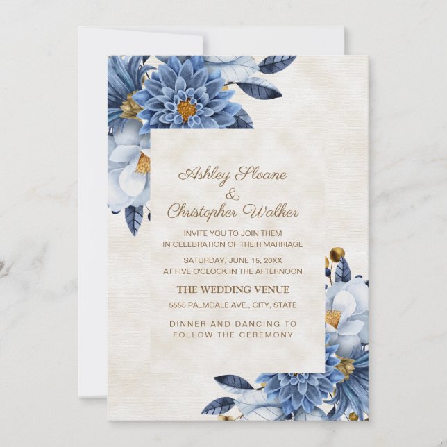 Invitación Elegante Boda floral de oro blanco azul (Anverso)