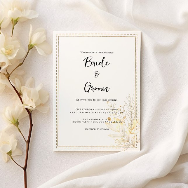 Invitación Elegante Boda floral de oro blanco botánico (Elegant botanical white gold floral Wedding)
