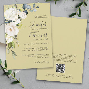 Invitación Elegante Boda floral de oro blanco con código QR
