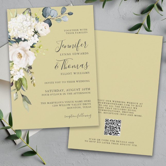 Invitación Elegante Boda floral de oro blanco con código QR (Subido por el creador)