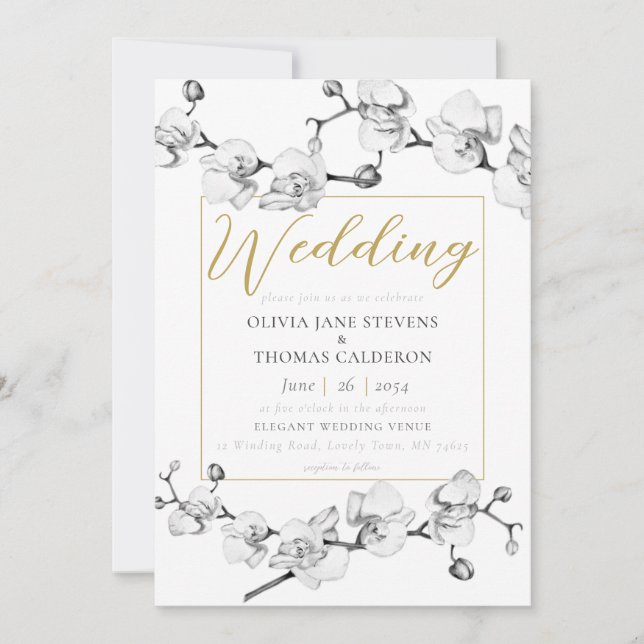 Invitación Elegante Boda floral de oro blanco negro (Anverso)