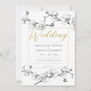 Invitación Elegante Boda floral de oro blanco negro