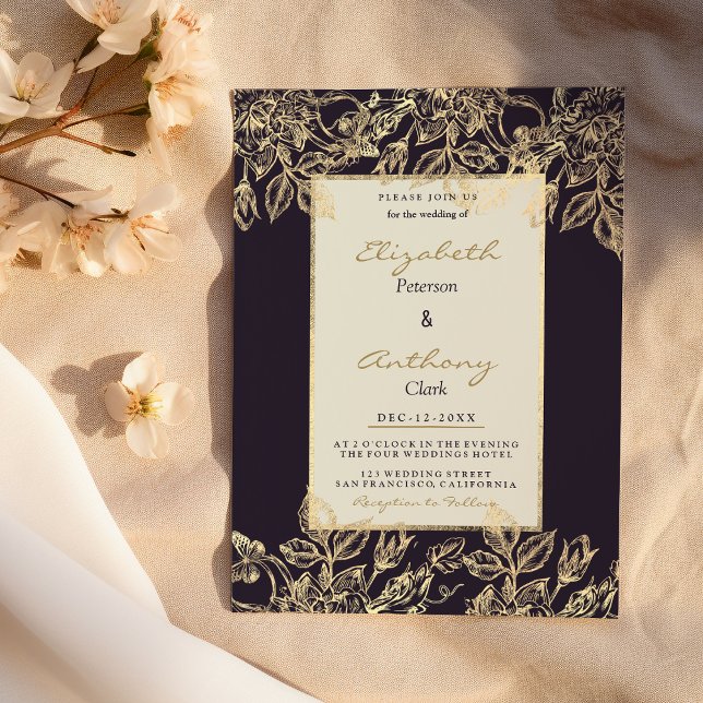 Invitación Elegante Boda floral de oro burdeos oscuro y lujos (Elegant dark burgundy gold luxury floral Wedding )