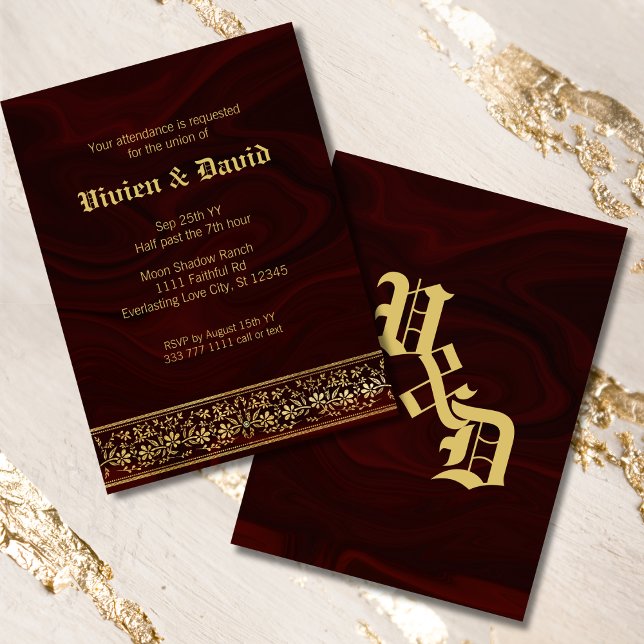 Invitación Elegante Boda floral de oro de Borgoña (Subido por el creador)