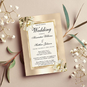 Invitación Elegante Boda floral de oro de champán blanco
