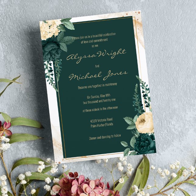 Invitación Elegante Boda floral de oro de marfil verde esmera (Elegant emerald green ivory gold floral Wedding )
