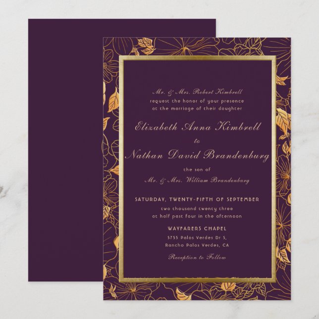Invitación Elegante Boda floral de oro morado de Borgoña (Anverso / Reverso)