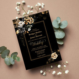 Invitación Elegante Boda floral de oro negro