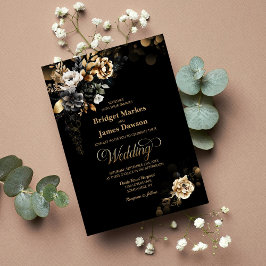 Invitación Elegante Boda floral de oro negro