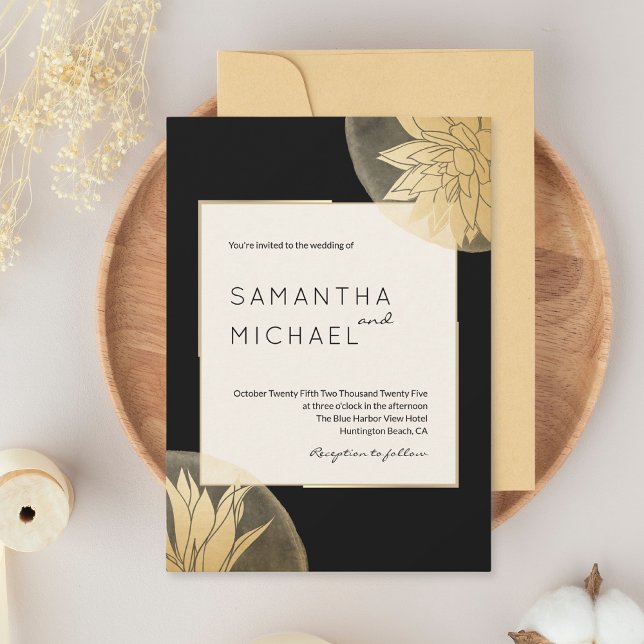 Invitación Elegante Boda floral de oro negro (Subido por el creador)