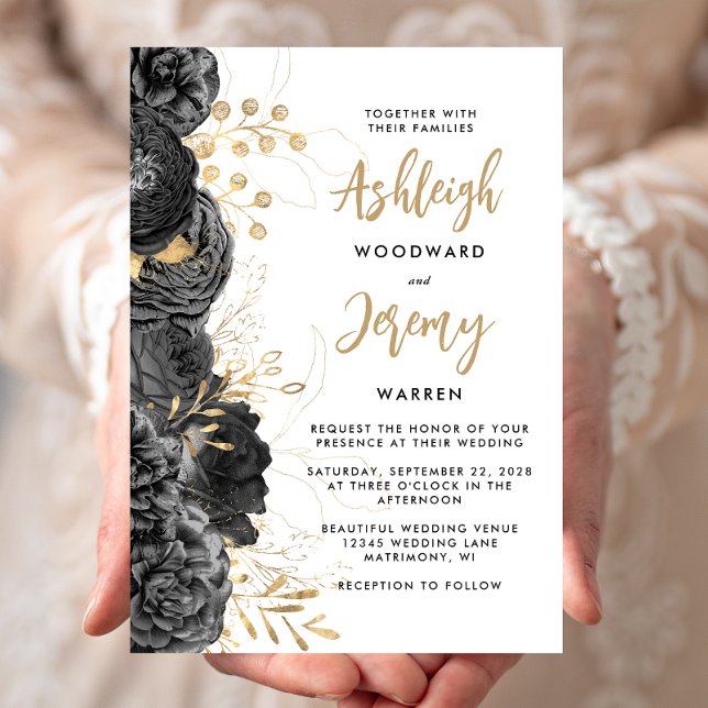 Invitación Elegante Boda floral de oro negro (Subido por el creador)