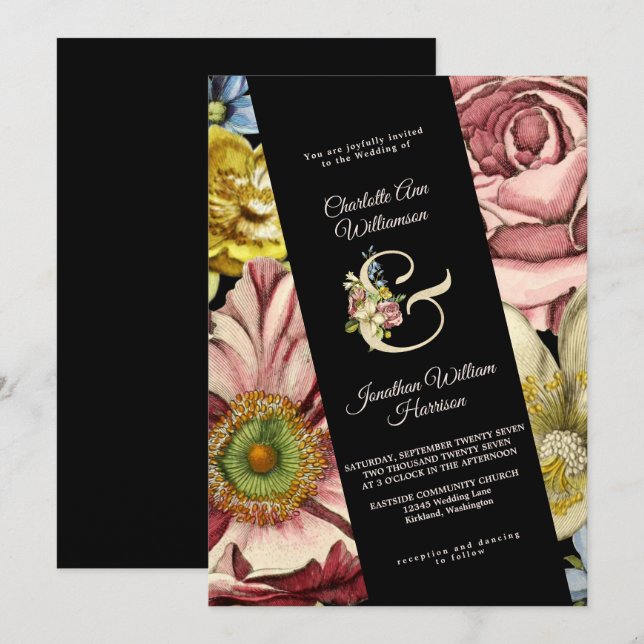 Invitación Elegante Boda floral de oro negro de Borgoña (Anverso / Reverso)