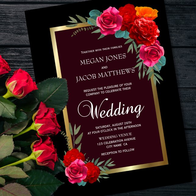 Invitación Elegante Boda floral de oro negro rojo (Subido por el creador)