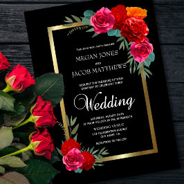 Invitación Elegante Boda floral de oro negro rojo