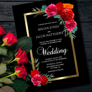 Invitación Elegante Boda floral de oro negro rojo
