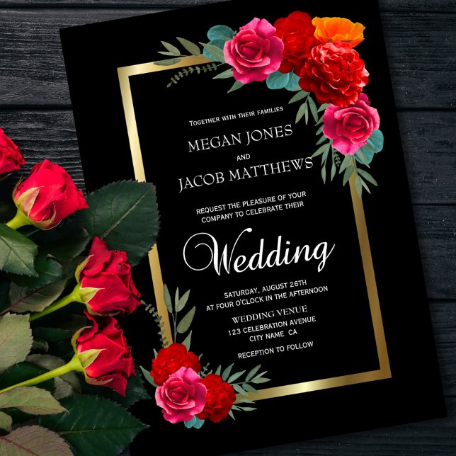 Invitación Elegante Boda floral de oro negro rojo (Subido por el creador)