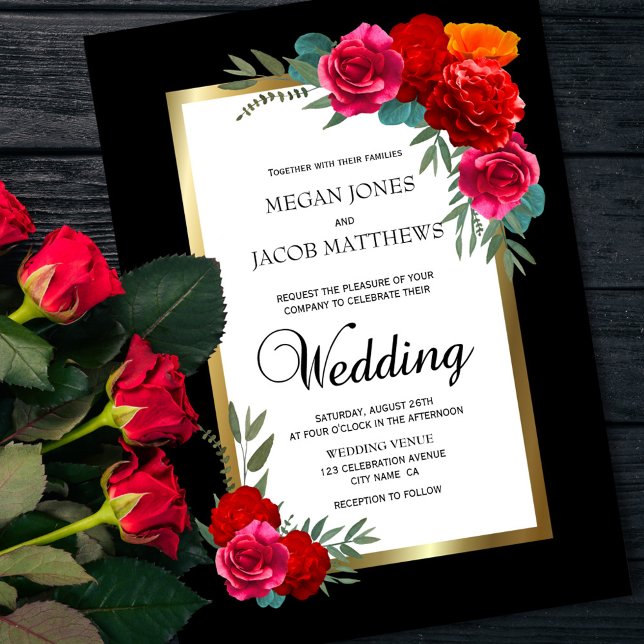 Invitación Elegante Boda floral de oro negro rojo (Subido por el creador)