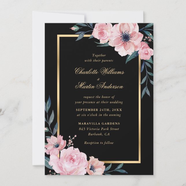 Invitación Elegante Boda floral de oro negro rosa Rubor (Anverso)