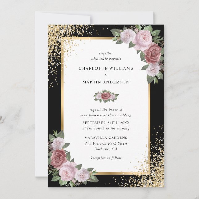 Invitación Elegante Boda floral de oro negro rosa Rubor (Anverso)