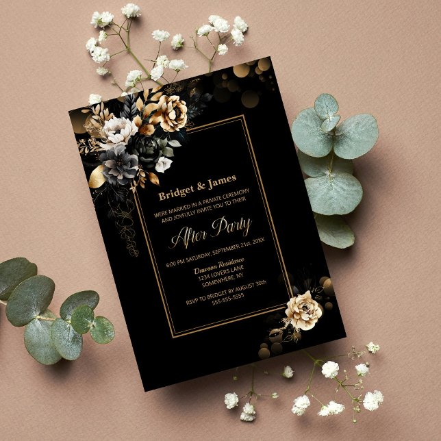 Invitación Elegante Boda floral de oro negro tras Fiesta (Subido por el creador)