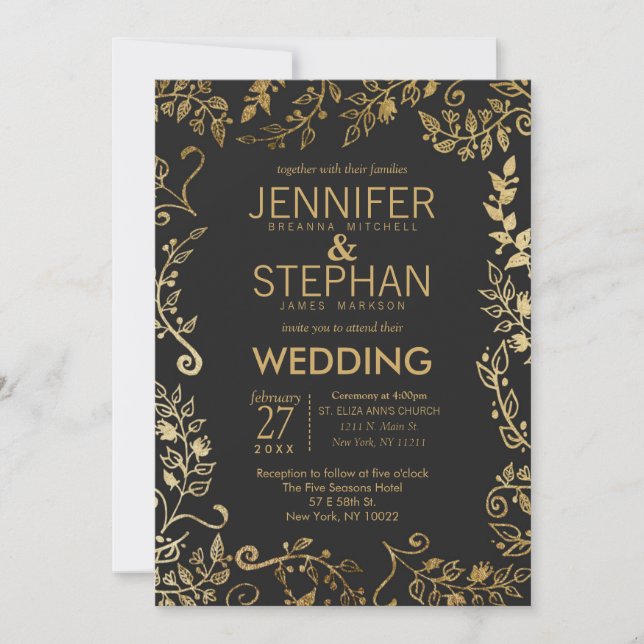 Invitación Elegante Boda floral de oro negro y amarillo (Anverso)