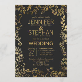 Invitación Elegante Boda floral de oro negro y amarillo