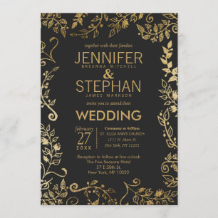 Invitación Elegante Boda floral de oro negro y amarillo