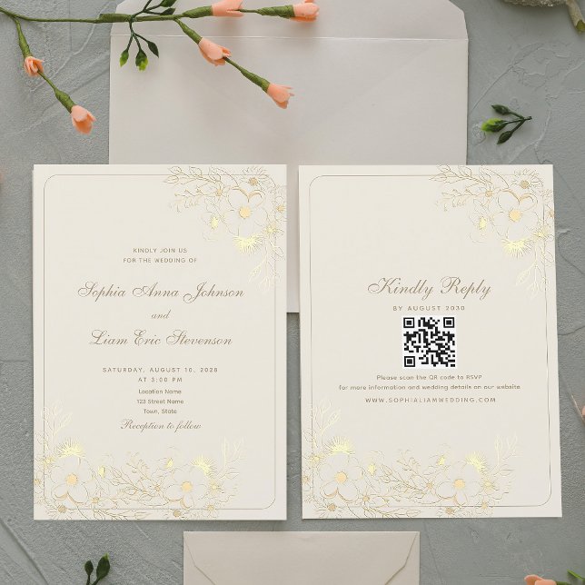 Invitación Elegante Boda floral de oro neutro (Subido por el creador)