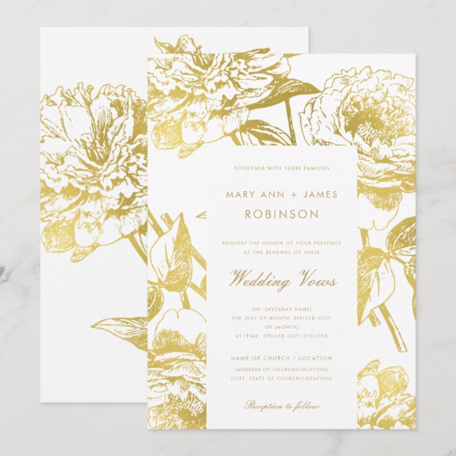 Invitación Elegante Boda floral de oro promete renovación (Anverso / Reverso)