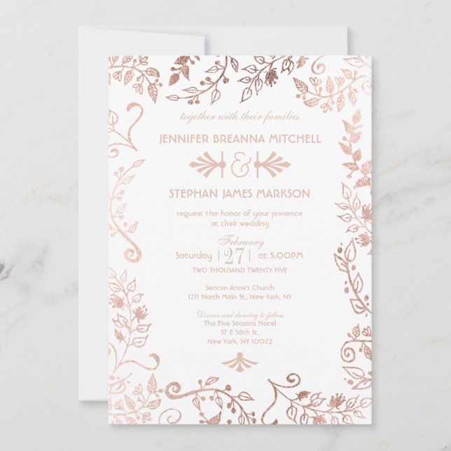 Invitación Elegante Boda Floral de Oro Rosa Blanca invita (Anverso)
