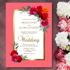 Invitación Elegante Boda floral de oro rosa rojo