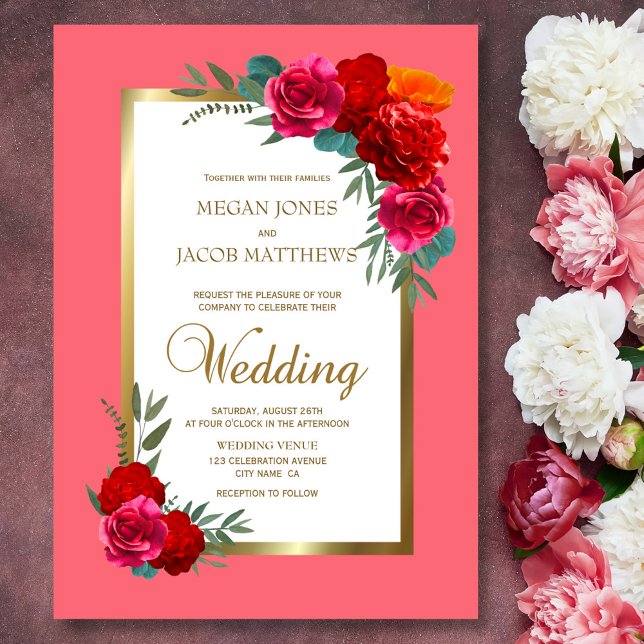 Invitación Elegante Boda floral de oro rosa rojo (Subido por el creador)
