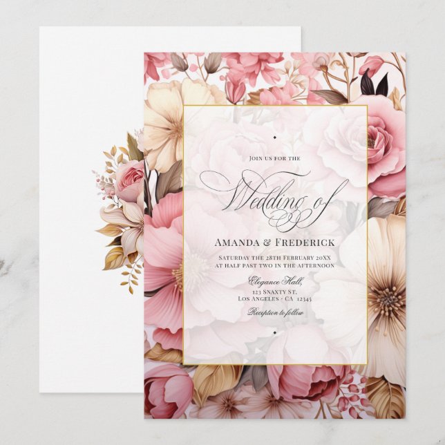 Invitación Elegante Boda floral de oro rosado (Anverso / Reverso)