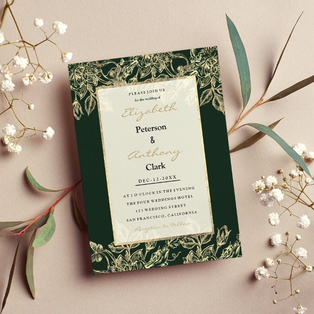 Invitación Elegante Boda floral de oro verde de lujo (Elegant forest green gold luxury floral Wedding )