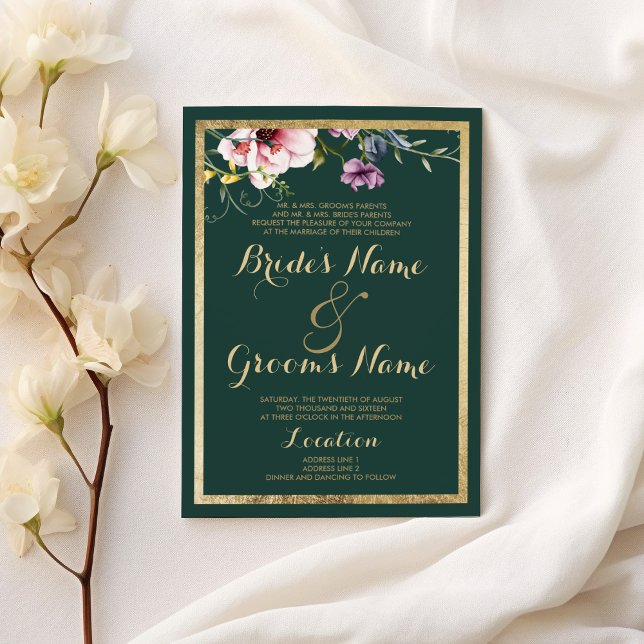 Invitación Elegante Boda floral de oro verde dorado rosa (Elegant forest green gold pink floral Wedding )