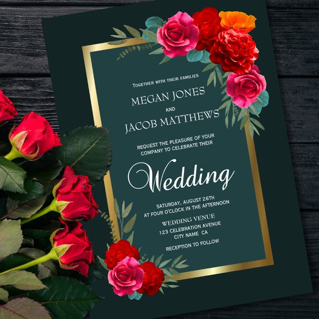 Invitación Elegante Boda floral de oro verde rojo (Subido por el creador)