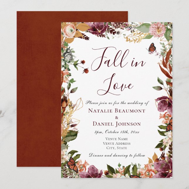 Invitación Elegante Boda floral de otoño (Anverso / Reverso)