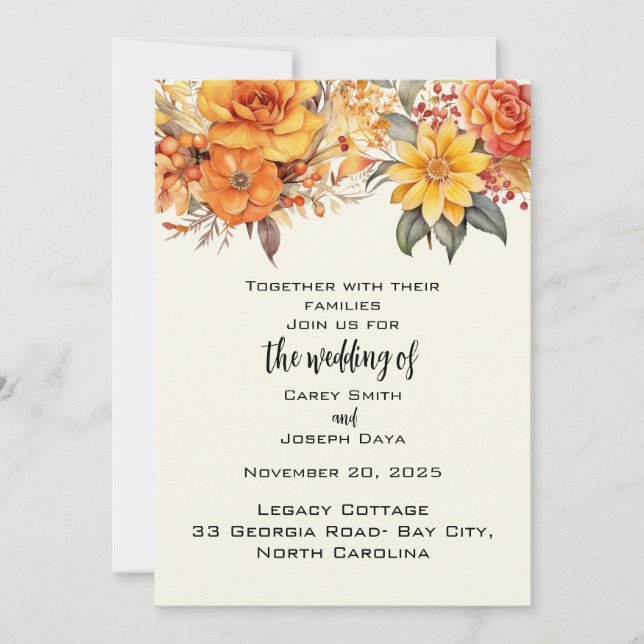 Invitación Elegante Boda floral de otoño (Anverso)