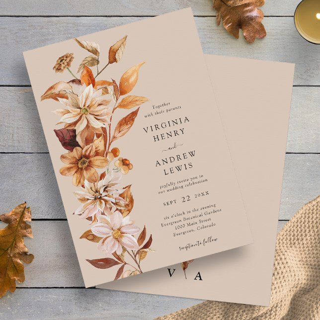 Invitación Elegante Boda floral de otoño (Elegant Fall Leaves Floral Wedding Invitation Monogrammed by Painted Paperie
)