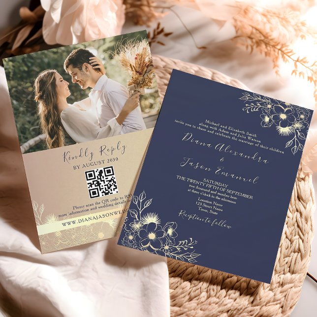 Invitación Elegante boda floral de otoño con código QR Navy (Subido por el creador)